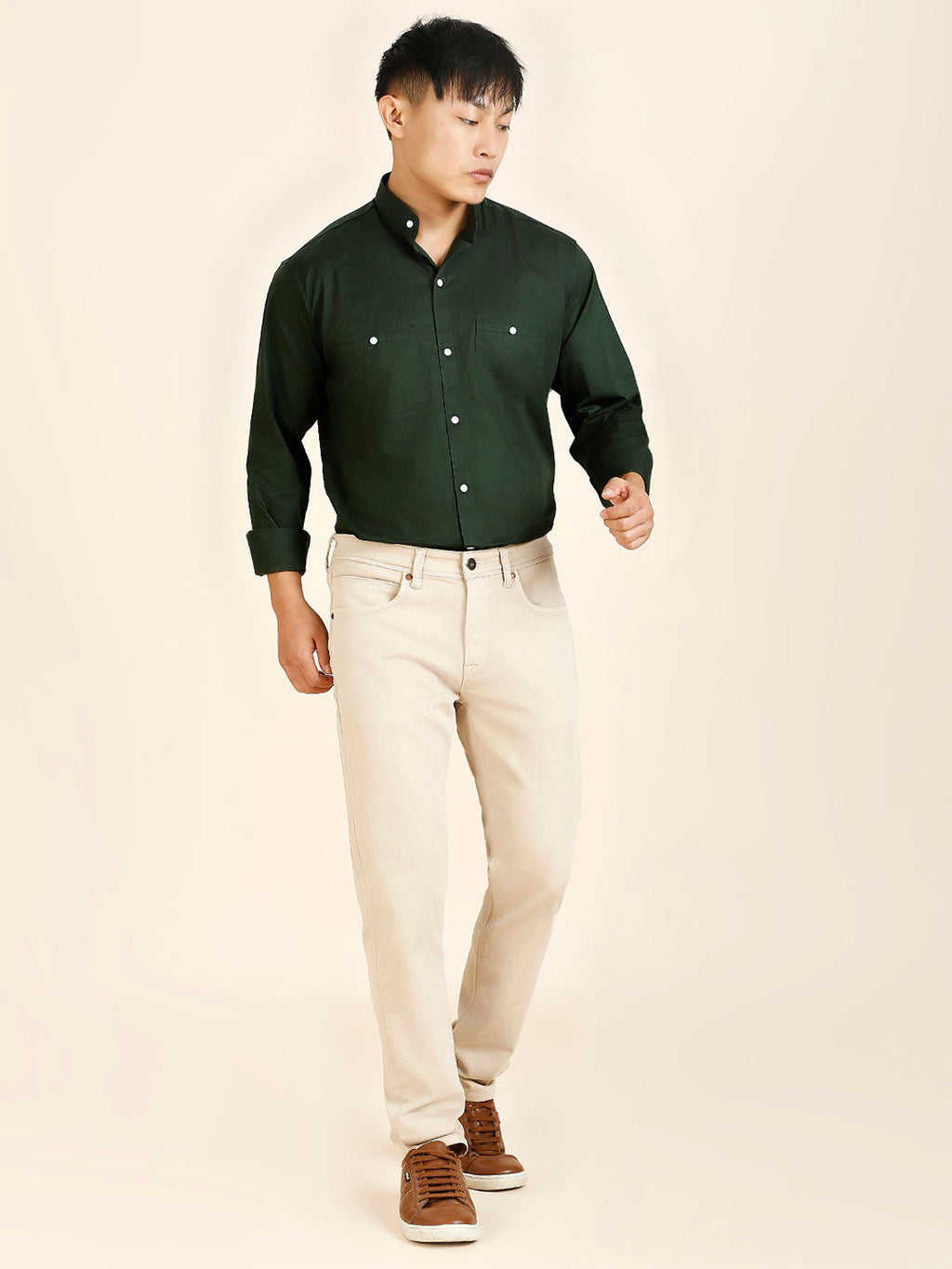Green Solid Double Pocket Mandarin Men's Shirt