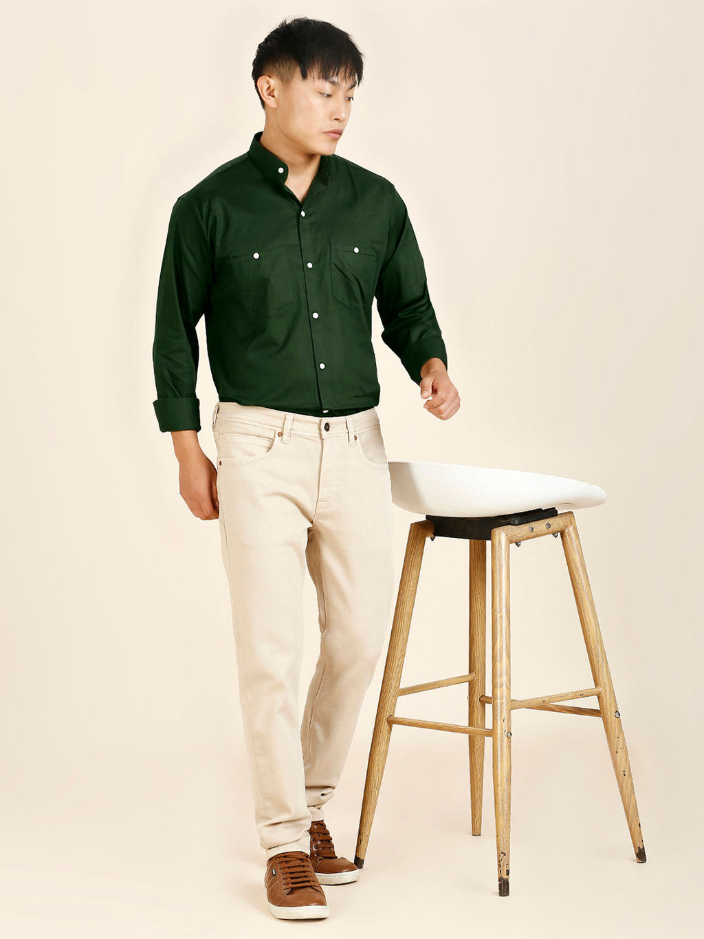 Green Solid Double Pocket Mandarin Men's Shirt