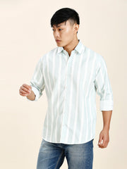 a man in a white and blue striped shirt