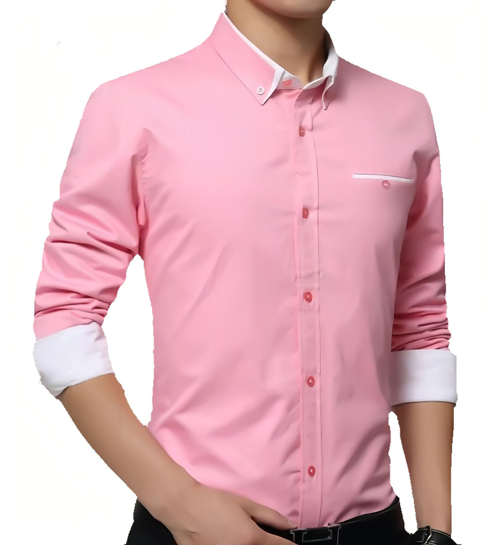 a man wearing a pink shirt and black pants