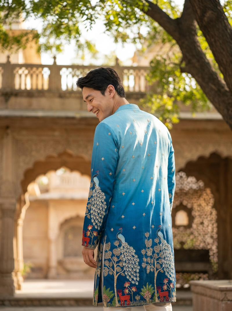 Peacock Blue Embroidered Kurta for Men 7