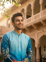 Peacock Blue Embroidered Kurta for Men 3