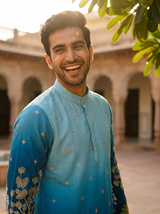Peacock Blue Embroidered Kurta for Men 2