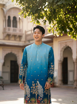 Peacock Blue Embroidered Kurta for Men 4