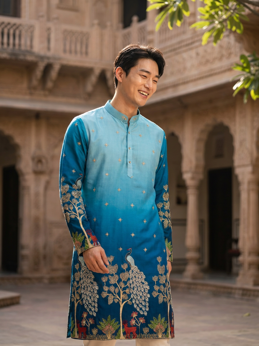 Peacock Blue Embroidered Kurta for Men