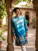 Peacock Blue Embroidered Kurta for Men 5