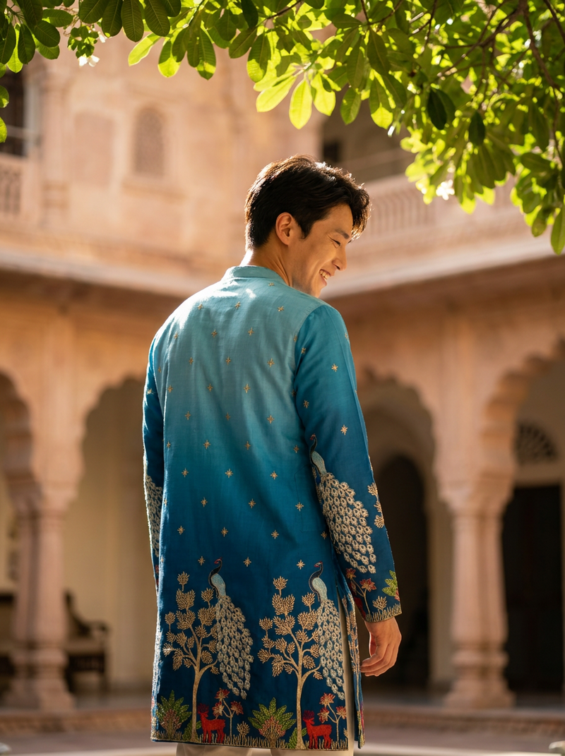 Peacock Blue Embroidered Kurta for Men 8