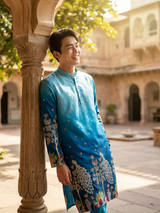 Peacock Blue Embroidered Kurta for Men 6