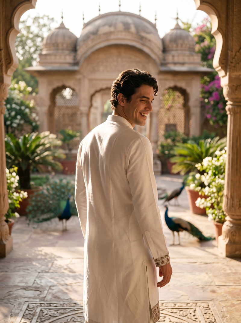 Men’s Ivory Floral Embroidered Festive Kurta 8