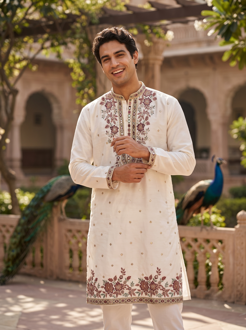 Men’s Ivory Floral Embroidered Festive Kurta 1