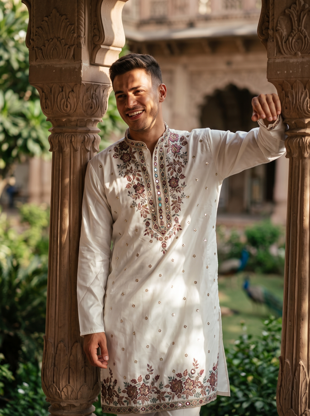 TryBuy men's ivory embroidered kurta TB_21123 festive lifestyle view