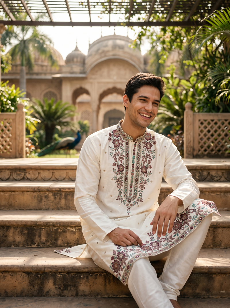 Men’s Ivory Floral Embroidered Festive Kurta 7
