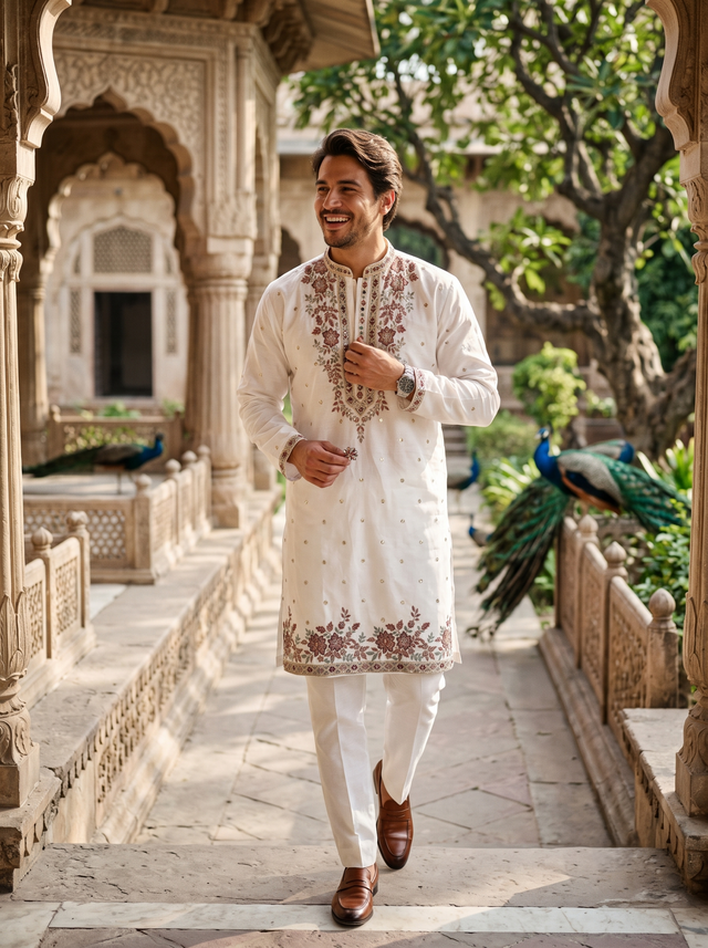 TryBuy men's ivory embroidered kurta TB_21123 full-length walking look