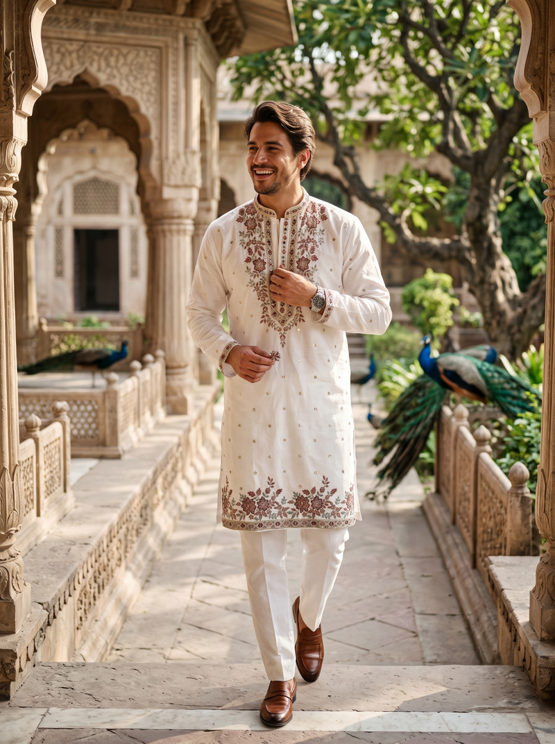 Men’s Ivory Floral Embroidered Festive Kurta 3