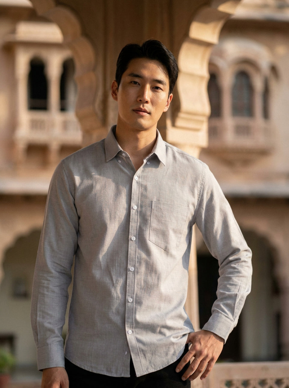 TryBuy men's light grey thick cotton-linen shirt front full-length view