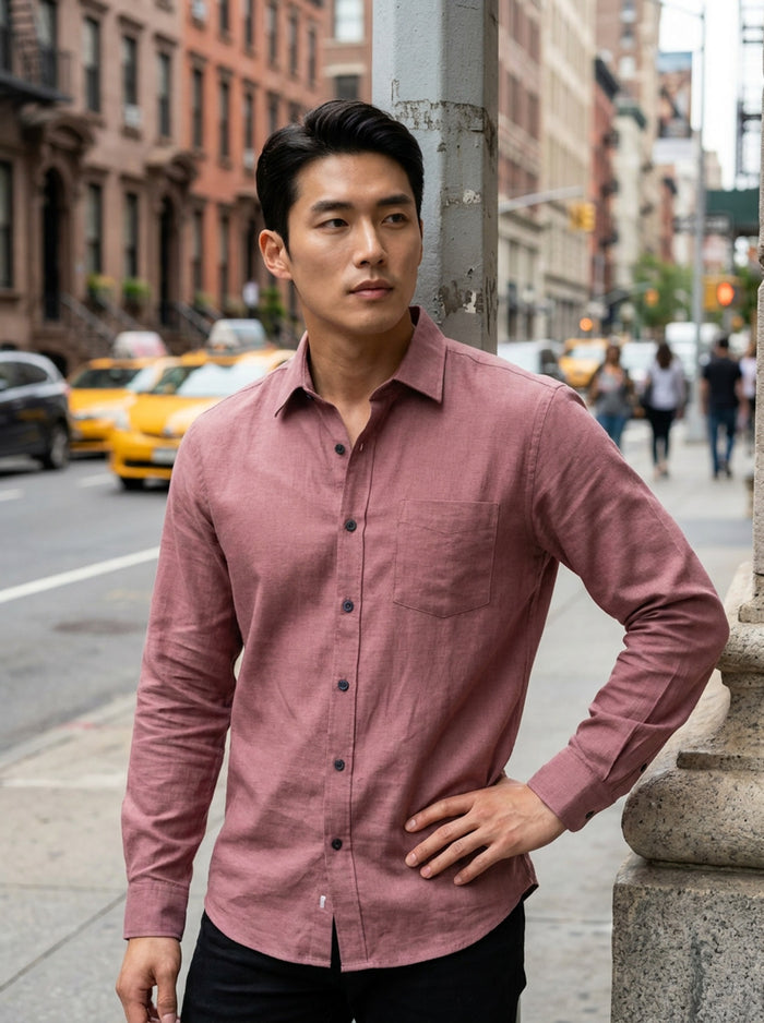 Men's Dusty Rose Thick Cotton-Linen Slim Fit Shirt 2