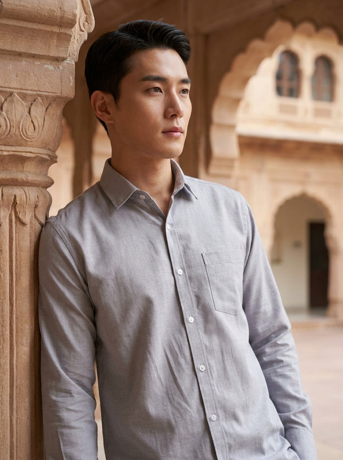 Men's Light Grey Thick Cotton-Linen Slim Fit Shirt 2