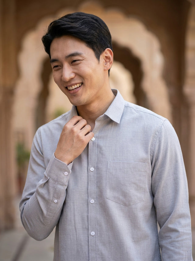 TryBuy men's light grey thick cotton-linen shirt upper-body close-up