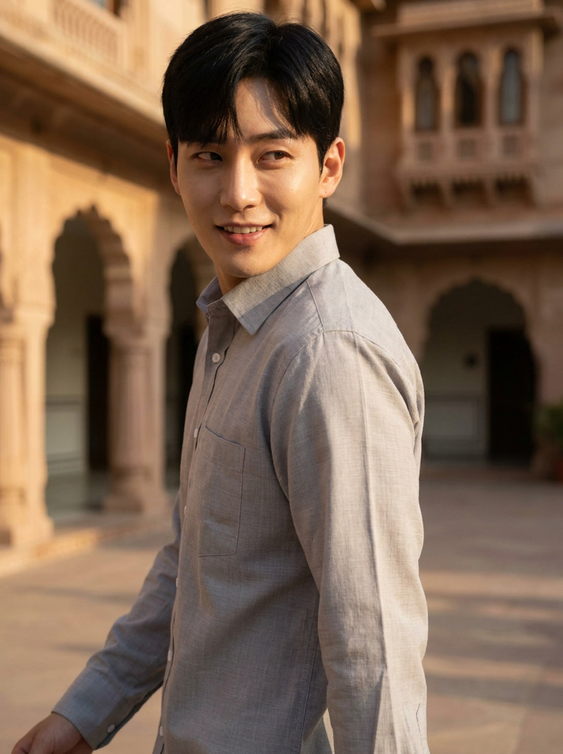TryBuy men's light grey thick cotton-linen shirt heritage courtyard lifestyle view