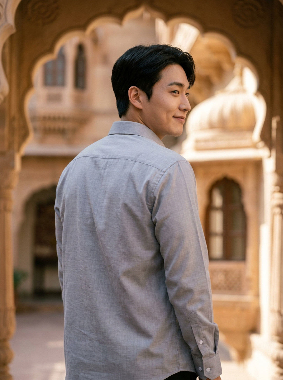 TryBuy men's light grey thick cotton-linen shirt back view