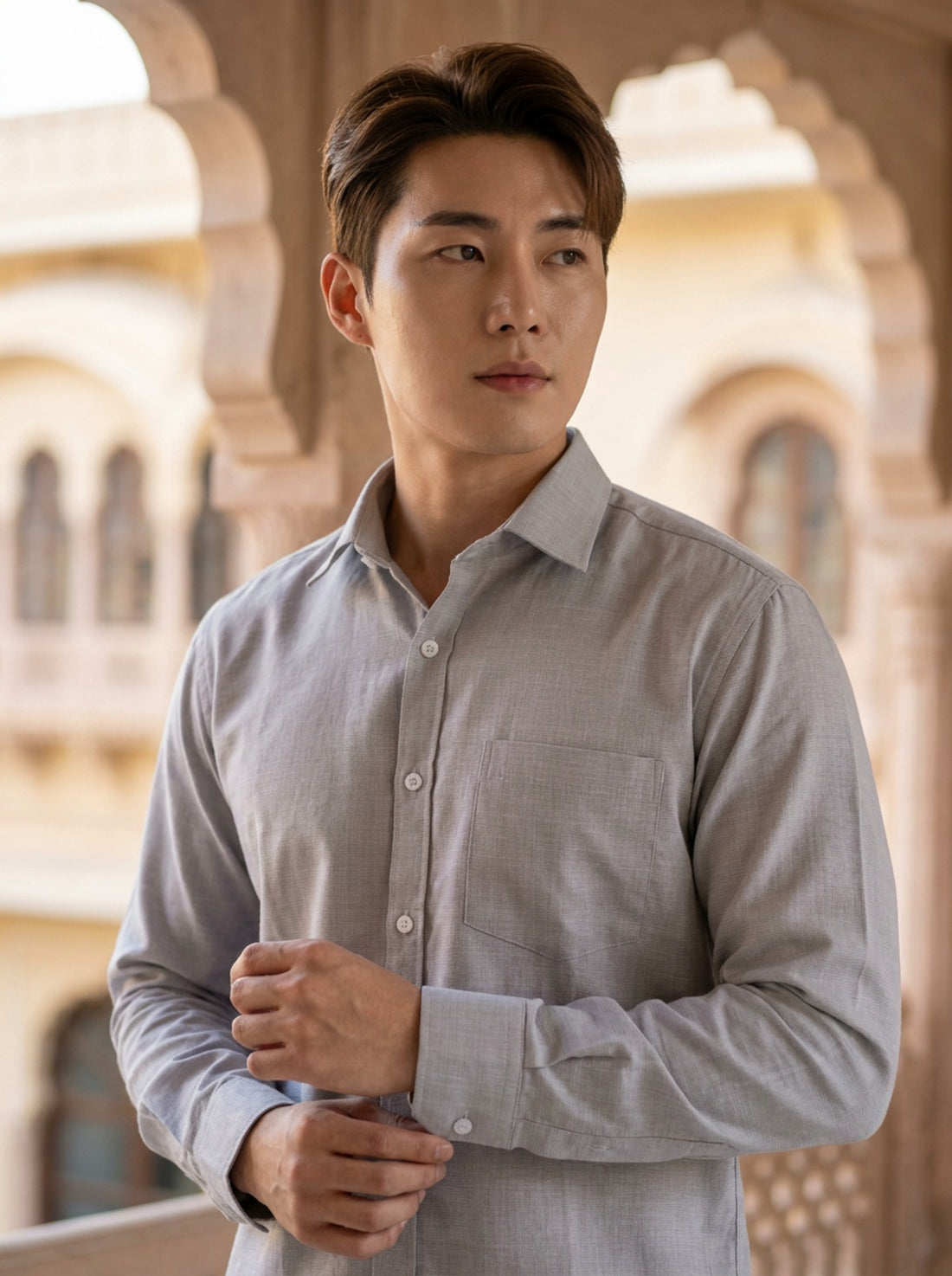 TryBuy men's light grey thick cotton-linen shirt fabric and sleeve detail