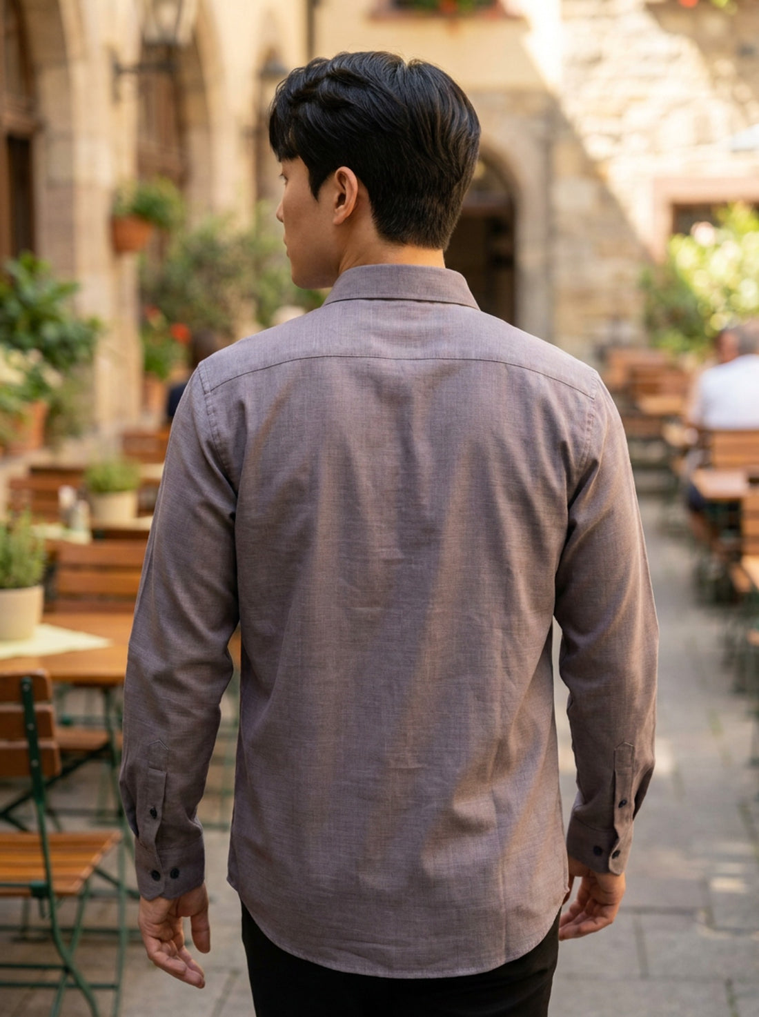 TryBuy men's taupe grey thick cotton-linen shirt back view