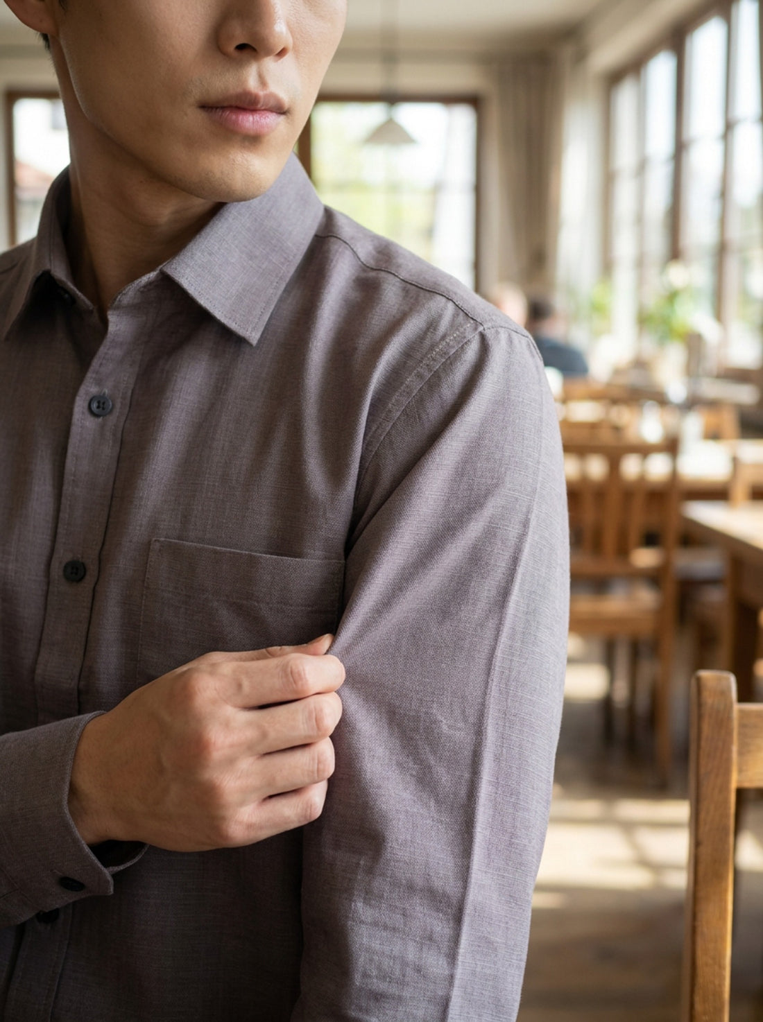TryBuy men's taupe grey thick cotton-linen shirt fabric and sleeve detail