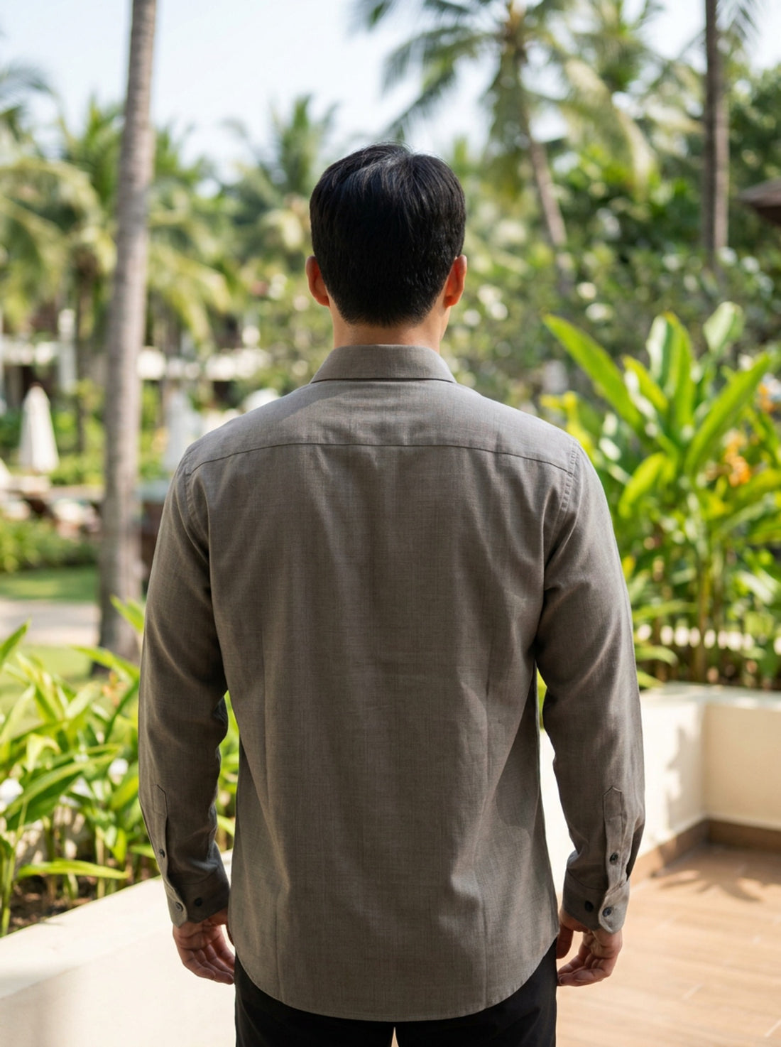 TryBuy men's stone grey thick cotton linen shirt back view