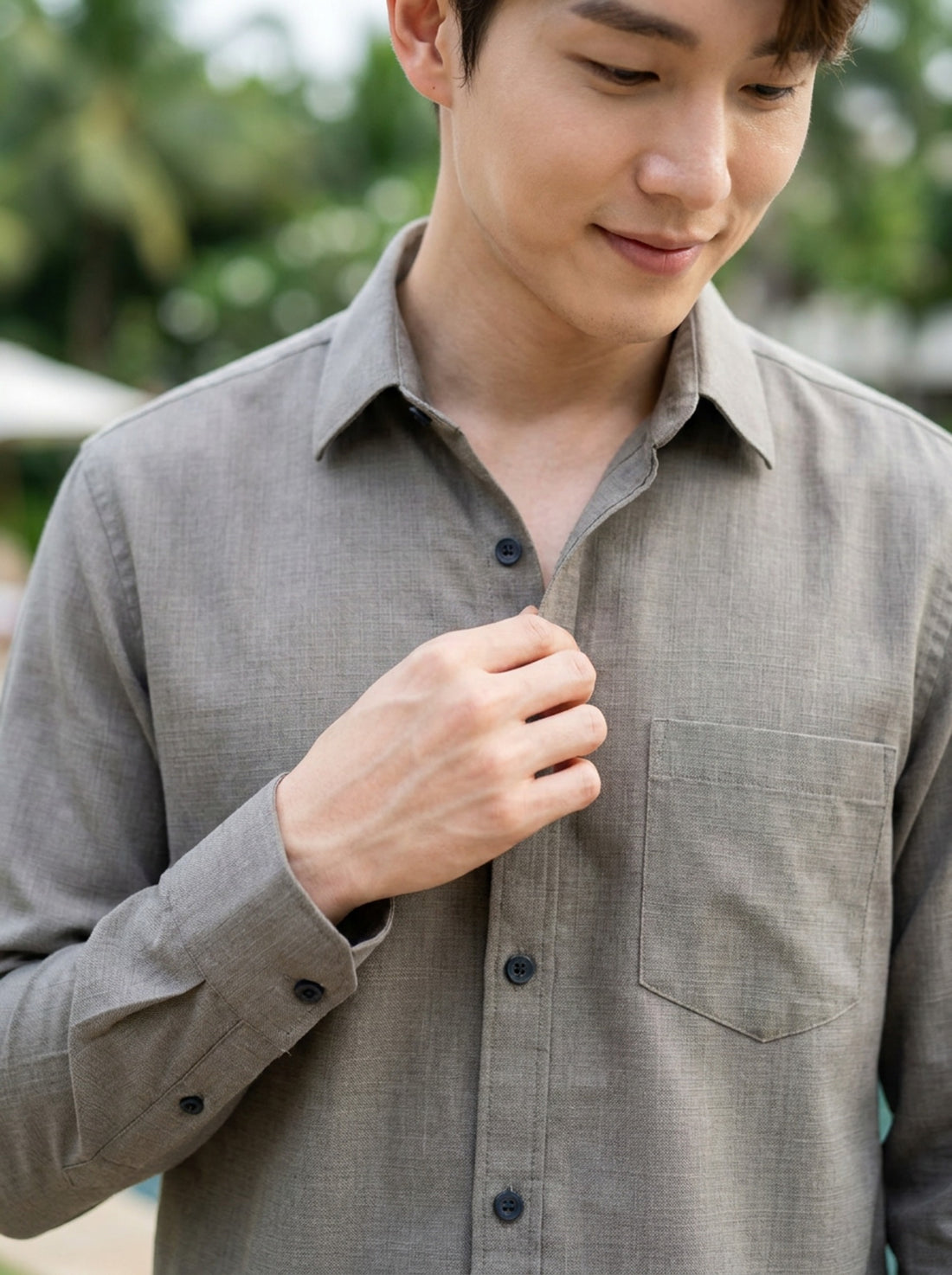 TryBuy men's stone grey thick cotton linen shirt fabric and sleeve detail