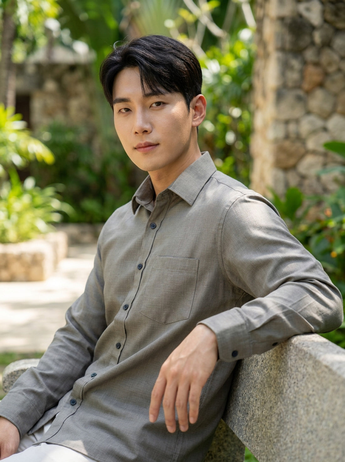 TryBuy men's stone grey cotton linen shirt seated lifestyle view