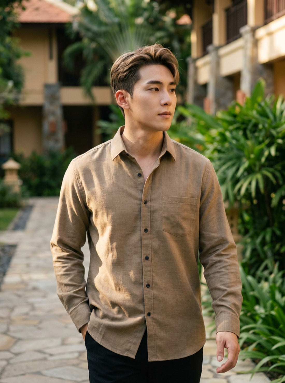 TryBuy men's taupe brown thick cotton-linen slim fit shirt outdoor lifestyle view