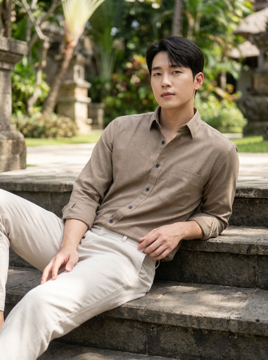TryBuy men's taupe brown thick cotton-linen shirt styled with light trousers