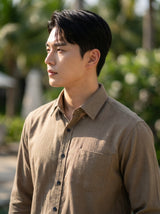Men's Taupe Brown Thick Cotton-Linen Slim Fit Shirt 3