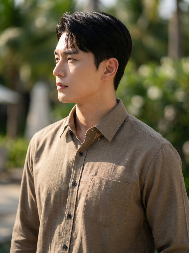 TryBuy men's taupe brown thick cotton-linen shirt side profile view