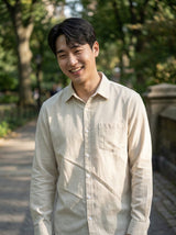 Men's Ivory Beige Thick Cotton-Linen Slim Fit Shirt 1