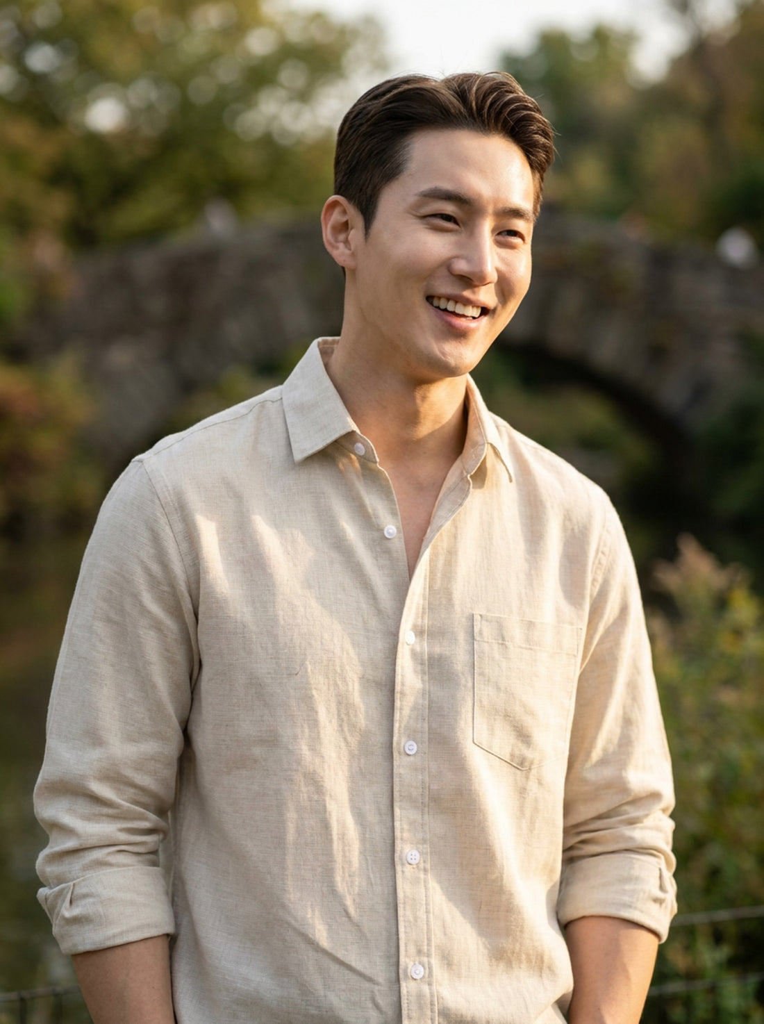 TryBuy men's ivory beige thick cotton-linen slim fit shirt outdoor lifestyle view