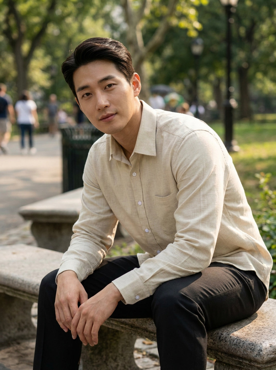 TryBuy men's ivory beige thick cotton-linen shirt seated smart-casual view