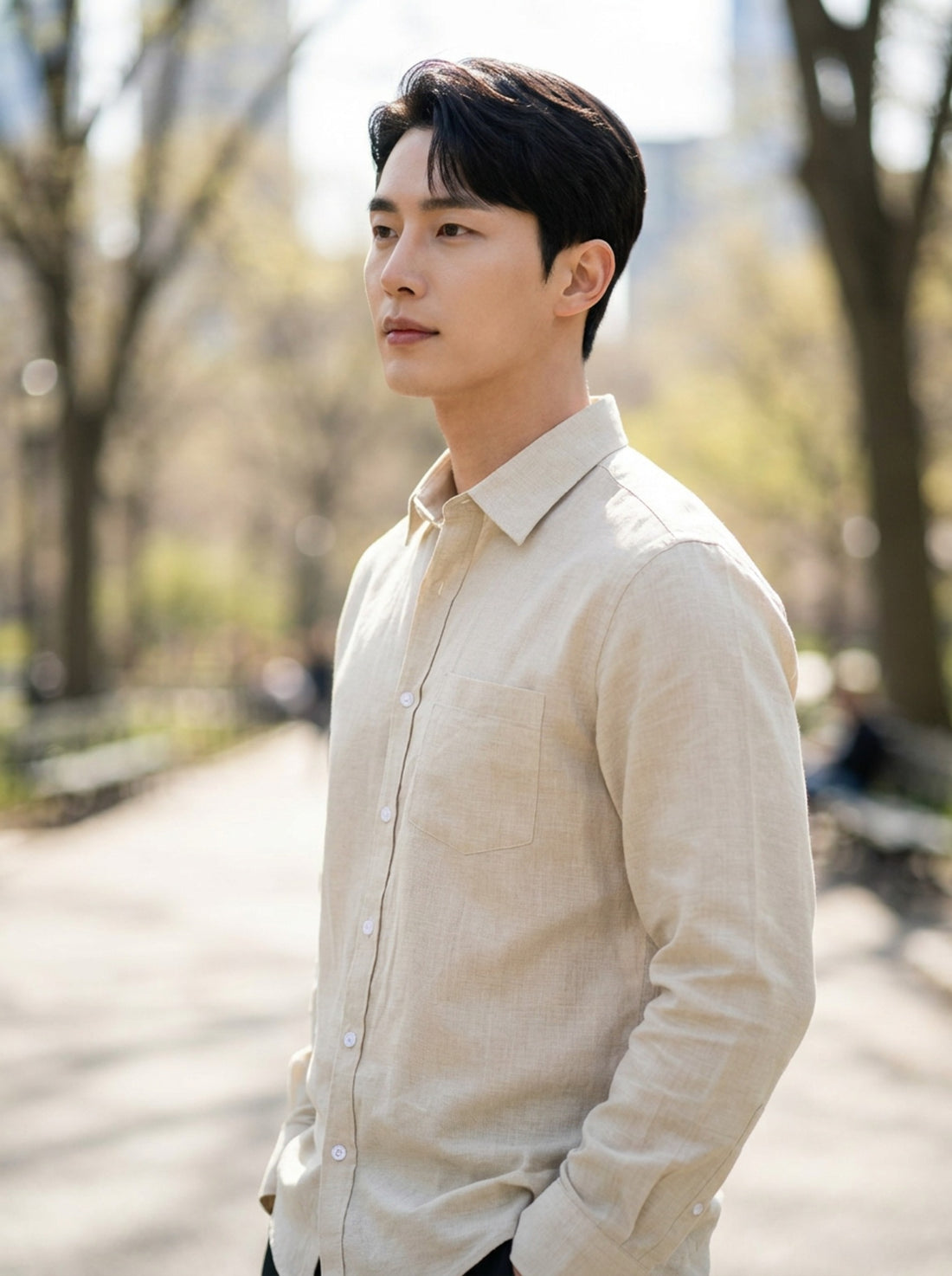 TryBuy men's ivory beige thick cotton-linen shirt side profile view