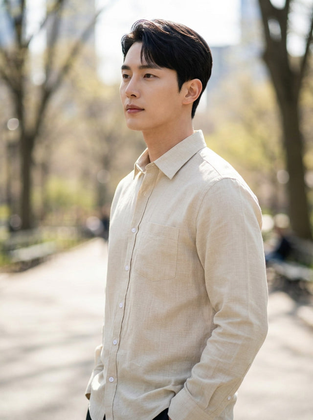 TryBuy men's ivory beige thick cotton-linen shirt side profile view