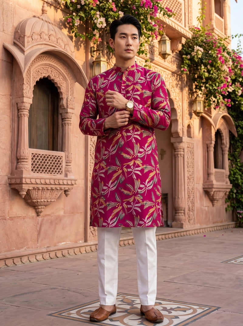 Men's Fuchsia Botanical Leaf Print Festive Kurta 9