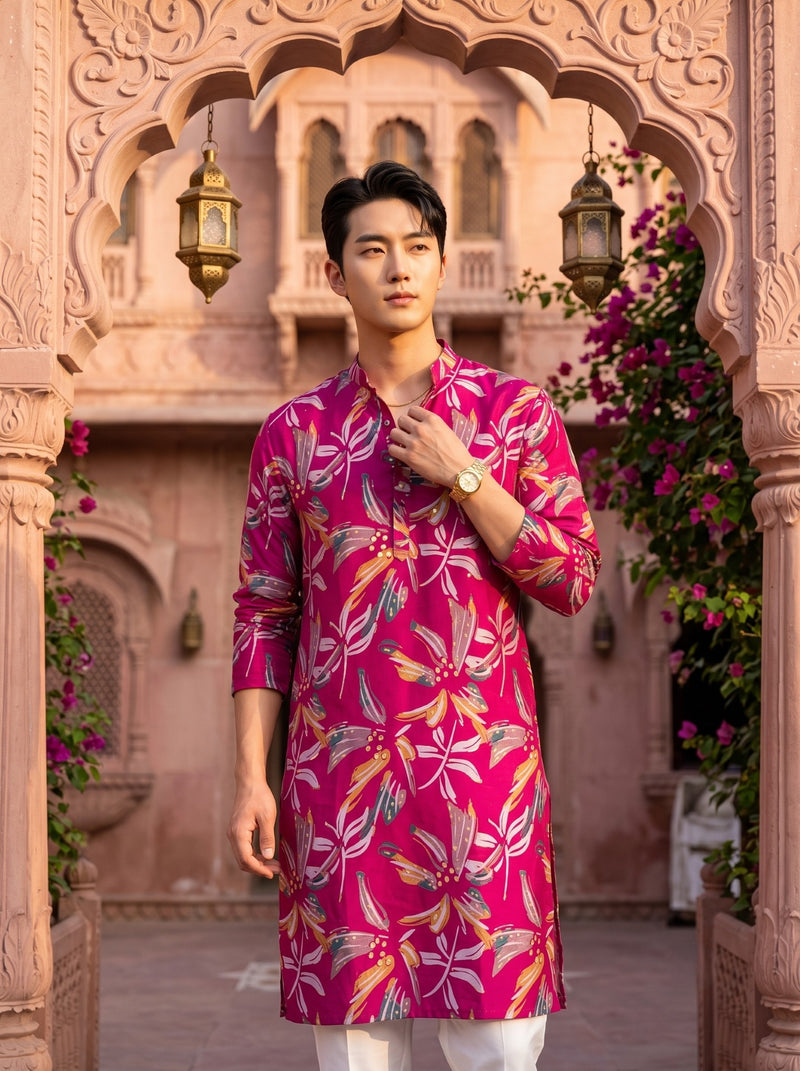 Men's Fuchsia Botanical Leaf Print Festive Kurta 5
