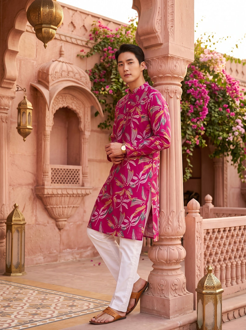 Men's Fuchsia Botanical Leaf Print Festive Kurta 3