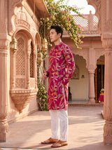 Men's Fuchsia Botanical Leaf Print Festive Kurta 6