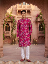 Men's Fuchsia Botanical Leaf Print Festive Kurta 2