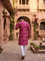 Men's Fuchsia Botanical Leaf Print Festive Kurta 4