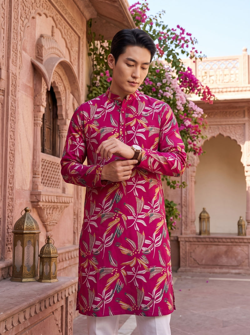 Men's Fuchsia Botanical Leaf Print Festive Kurta 10