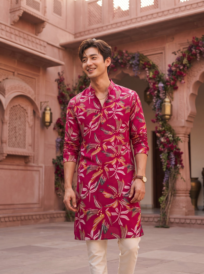 Men's Fuchsia Botanical Leaf Print Festive Kurta 1