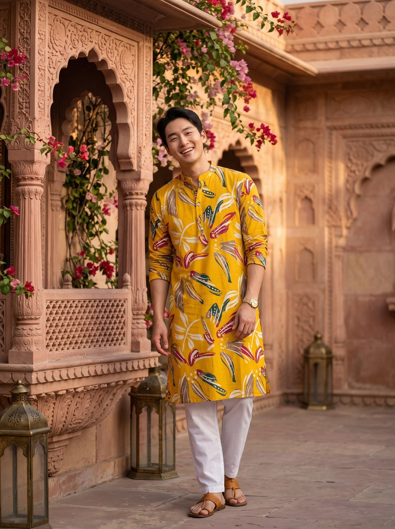 Men's Mustard Yellow Multicolor Botanical Print Festive Kurta 3