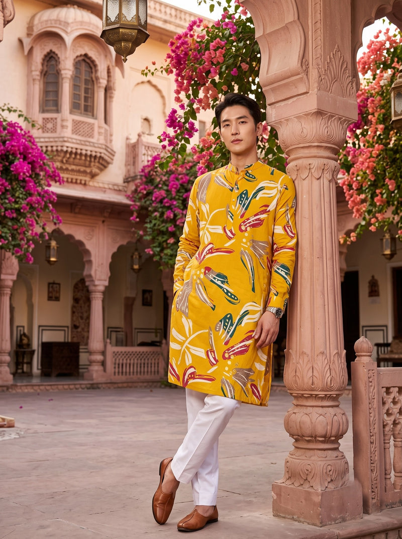 Men's Mustard Yellow Multicolor Botanical Print Festive Kurta 4