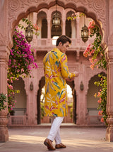 Men's Mustard Yellow Multicolor Botanical Print Festive Kurta 5